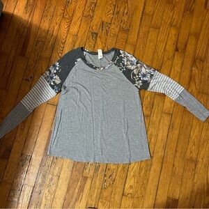 Sew In Love Charcoal and Gray Floral Stripe Long Sleeve Top